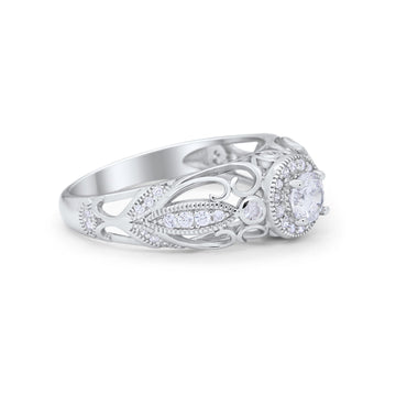 Filigree Engagement Ring Round Simulated Cubic Zirconia 925 Sterling Silver